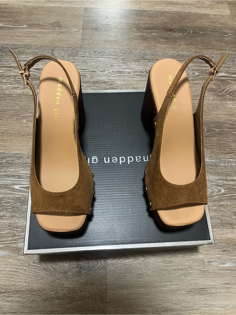 Madden Girl Brown Suede Slingback Block Heel Sandals